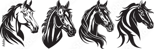 Set of horse heads  black and white vector graphics