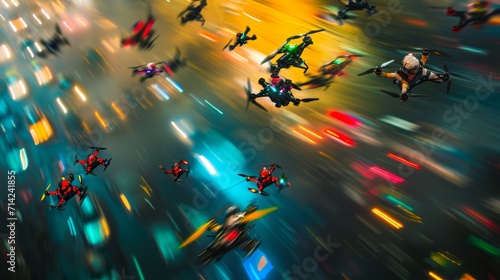 Race of drones in an urban setting. Dynamic angles and vibrant colors, drawing inspiration from the fast-paced aesthetics of extreme sports. flying drone with motion blur effect. photo