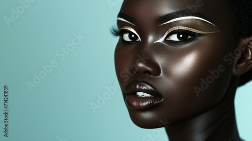 Exquisite African woman showcases stunning gold and white eye makeup, her flawless skin glowing against a teal background © EVGENIA