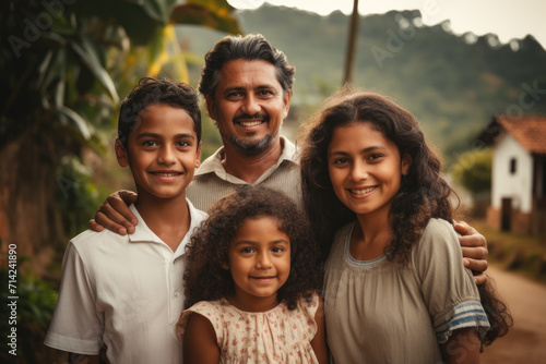 Portrait of happy latino family hugging on rural background