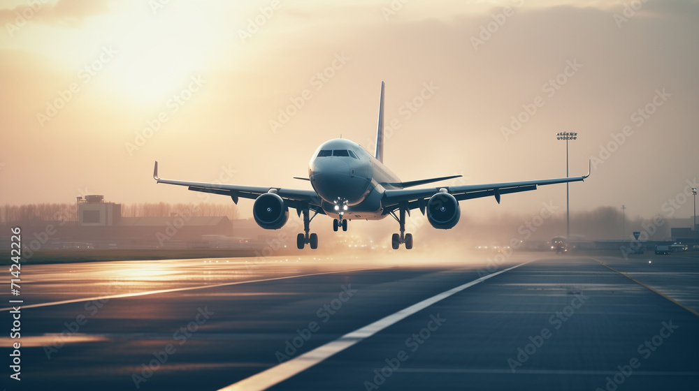 Airplane flying arrival landing on a runway in the evening during a bright red sunset Airplane flying arrival landing on a runway in the evening during a bright red sunset