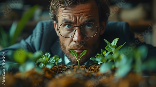 Curious man closely observing a small plant's growth. new beginnings nurtured with care. close-up introspective moment. AI