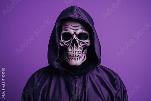 Portrait photo of man in scary halloween costume and skeleton face make up, purple background