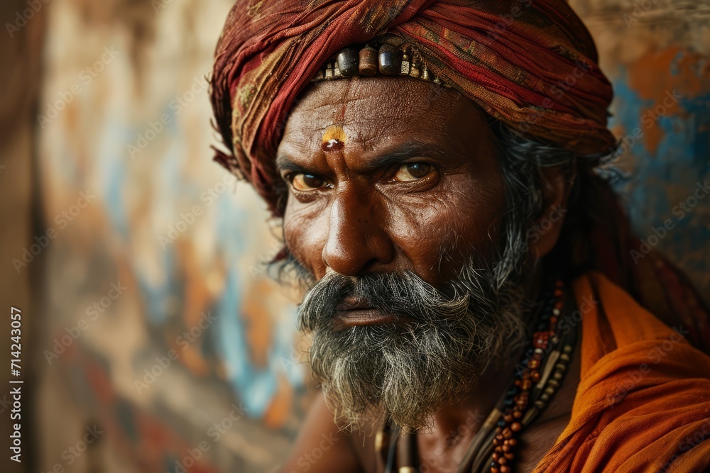 Indian man in national clothes close up from history of India realistic detailed photography texture. Indian man. Horizontal format