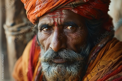 Portrait of Indian man in national clothes close up from history of India realistic detailed photography texture. Indian man. Horizontal format