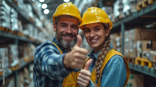 A Man and a Female with Yellow Helmet and Man Warehouse Worker Showing Thumb Up Together AI Generated