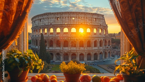 Landscape Scene of Colosseum at the sunset time, view from inside decorate home apartment, window and balcony view, holiday and tourist concept ,generative ai photo