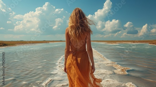 Slender Woman with Long Hair in Beach Dress by the Sea AI Generated