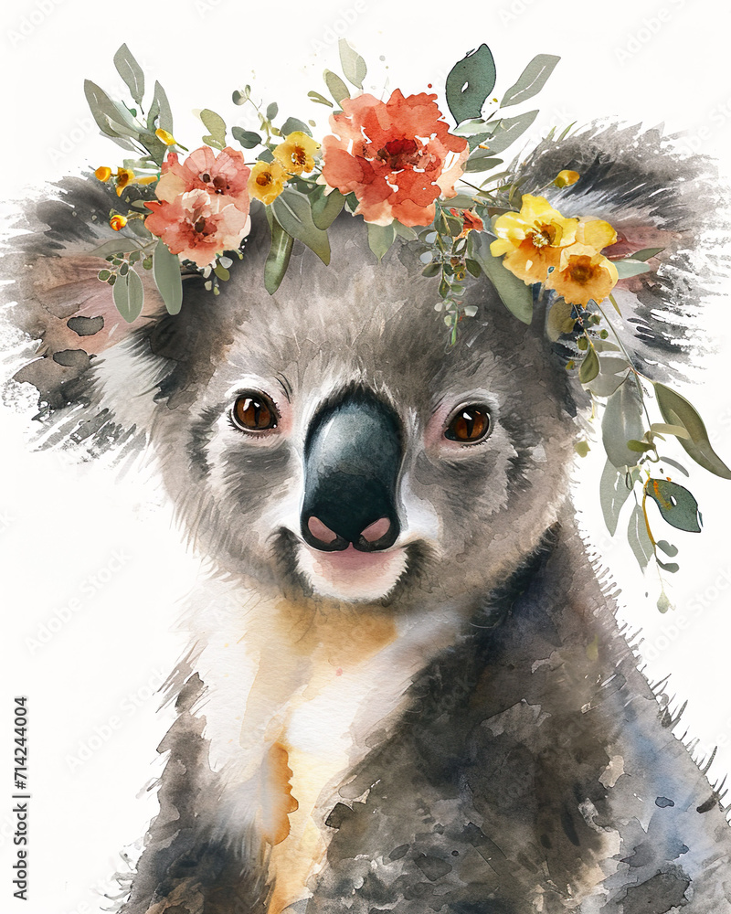 Fototapeta premium Watercolor illustration of a koala in a wreath of flowers