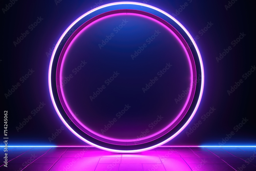 Purple neon circle frame product placement podium on black background