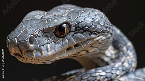 Close-up of a snake poses in studio against a clean dark background. AI generated image