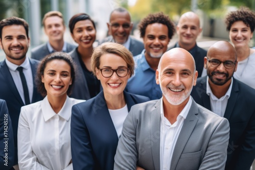 Diverse team posing in front of office building company advertising ad marketing hr employees teamwork job done success women men businessmen managers smiling friends group happy confident coworkers