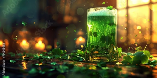 St. Patrick's Day. Glass of green beer on a wooden table.  © Petrova-Apostolova