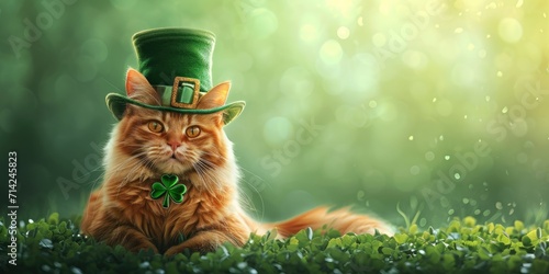 Funny ginger cat in green leprechaun hat lying on green grass. St. Patrick's day concept.