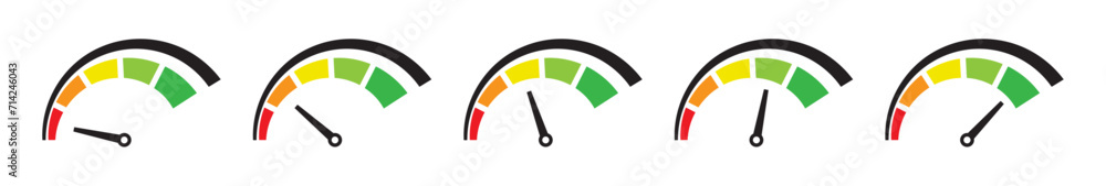 Speedometer meter with arrow with red, orange, yellow, green indicators. Low, medium, high and risk levels. Good, bad, fear and greed index for cryptocurrency and stock market. Speedometer meter with arrow with red, orange, yellow, green indicators. Low, medium, high and risk levels. Good, bad, fear and greed index for cryptocurrency and stock market.