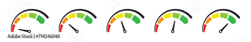 Speedometer meter with arrow with red, orange, yellow, green indicators. Low, medium, high and risk levels. Good, bad, fear and greed index for cryptocurrency and stock market. photo