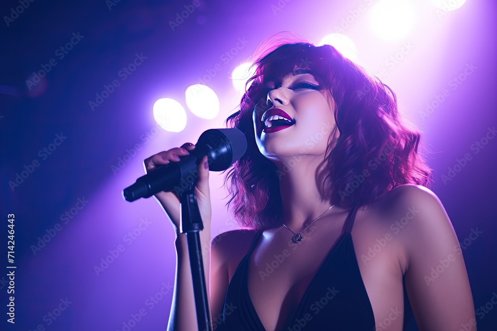 A talented female vocalist. singing into a microphone on stage with vibrant lights in the background. A talented female vocalist. singing into a microphone on stage with vibrant lights in the background.
