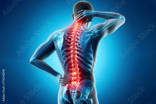 Anatomy of a human back with pain spine isolated on bright blue background. ai generative