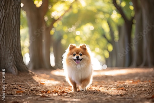 A happy pomeranian on a bright forest alley. photo