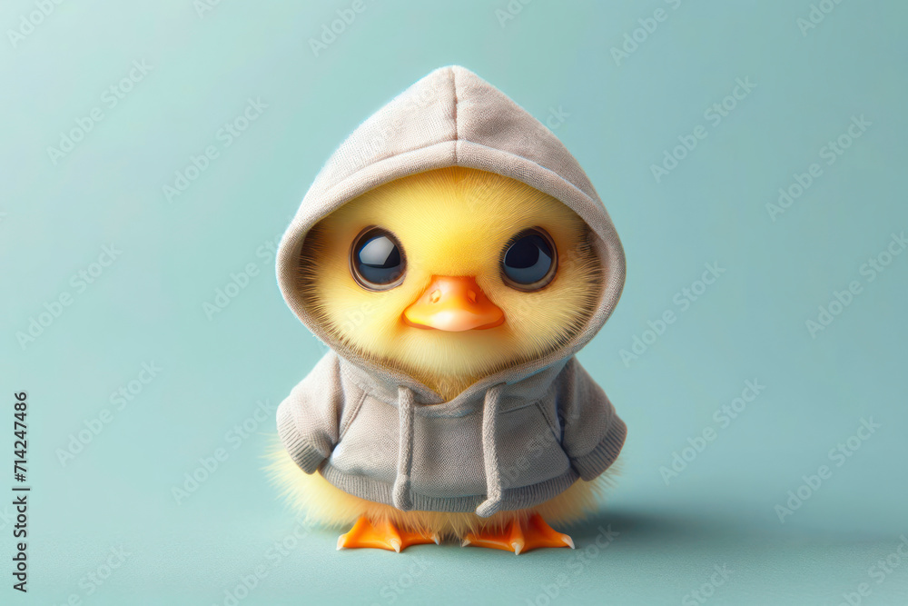 Little duck with big eyes dressed in a hoodie isolated on a solid color background. ai generative Little duck with big eyes dressed in a hoodie isolated on a solid color background. ai generative