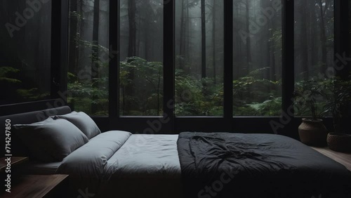 	
cozy rainy day at home. Cozy apartment bedroom with big window. Raining outside. Cozy hotel. Beautiful forest jungle landscape.	
 photo