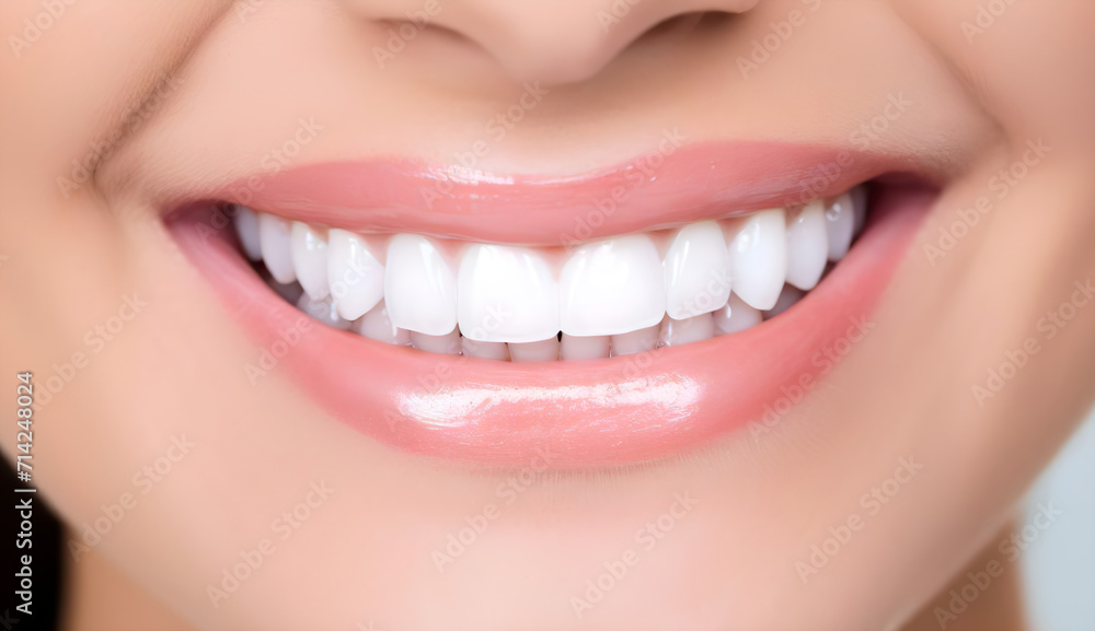 Obraz premium dental care concept for dentists and orthodontist - close up of a woman with a smile and perfect white teeth