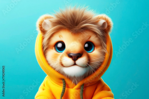 Little lion with big eyes dressed in a hoodie isolated on a solid color bright background. ai generative