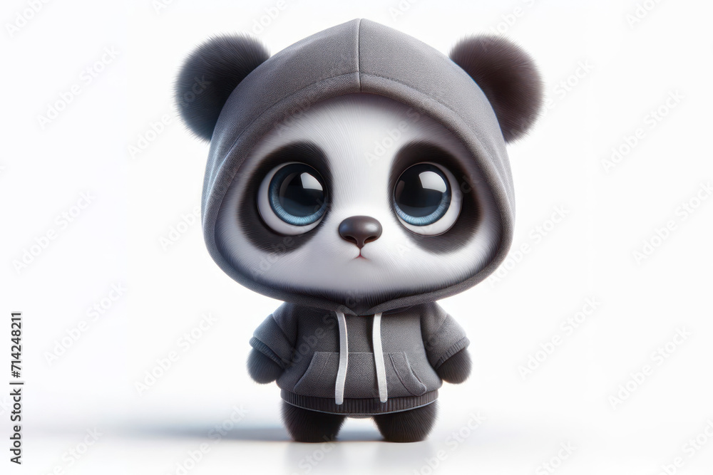 Naklejka premium Little panda with big eyes dressed in a hoodie isolated on a white background. ai generative