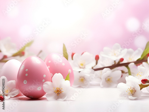 Colorful pastel Easter eggs with spring blossom flowers on soft background. Colored Pink Egg Holiday border.