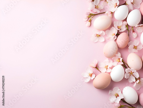 Happy Easter. Easter eggs and flowers on backgrounds with copy space. Place for text.