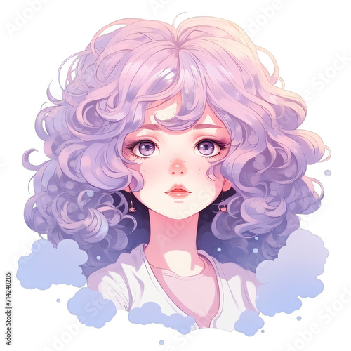 An anime style drawing of a girl with purple hair on a transparent background png isolated