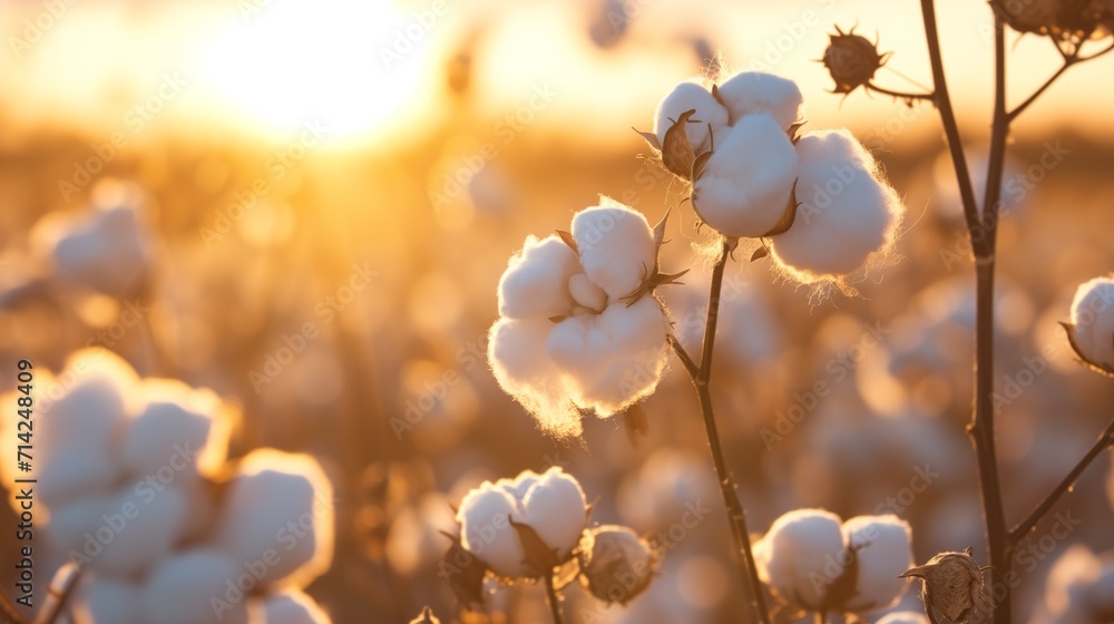 Soft cotton bolls bask in the warm golden hour sunlight Soft cotton bolls bask in the warm golden hour sunlight