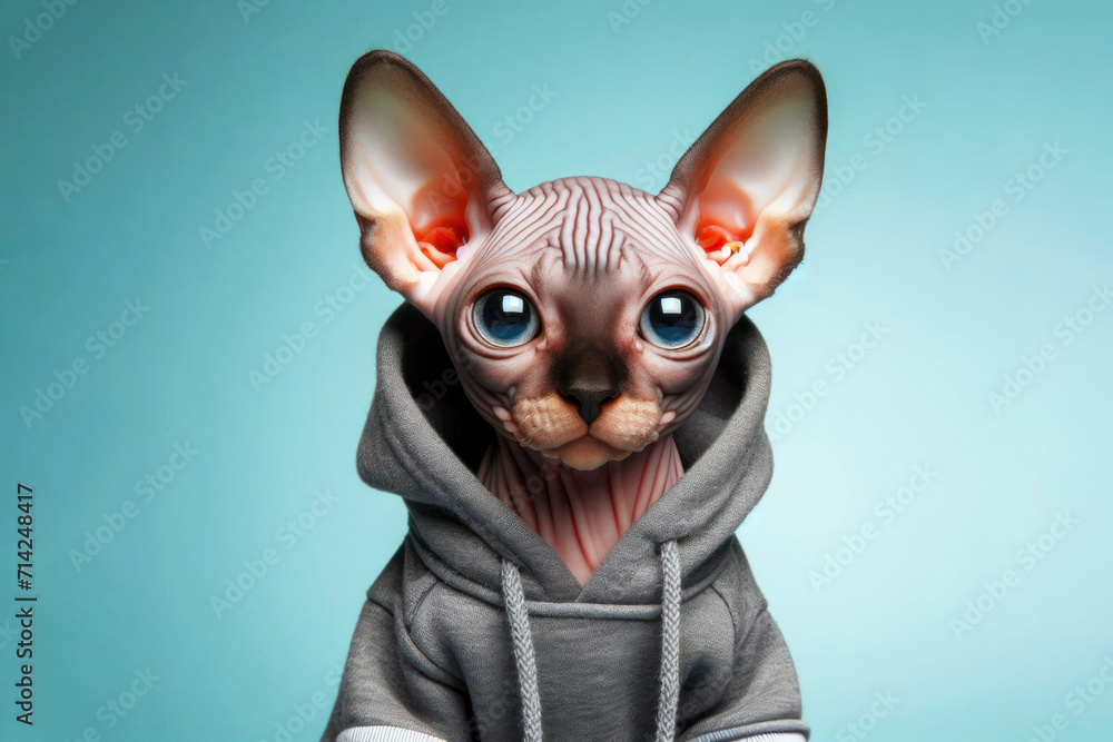 Little Sphynx cat with big eyes dressed in a hoodie isolated on a color background. ai generative