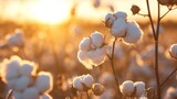 Soft cotton bolls bask in the warm golden hour sunlight