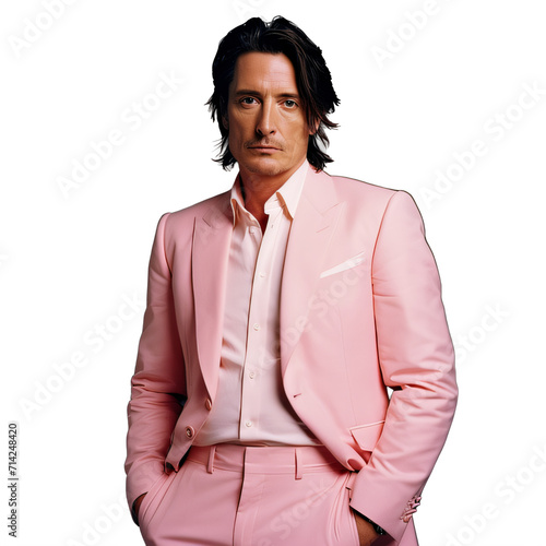 A middle-aged man in a pink suit with long black heair  on a transparent background png isolated photo