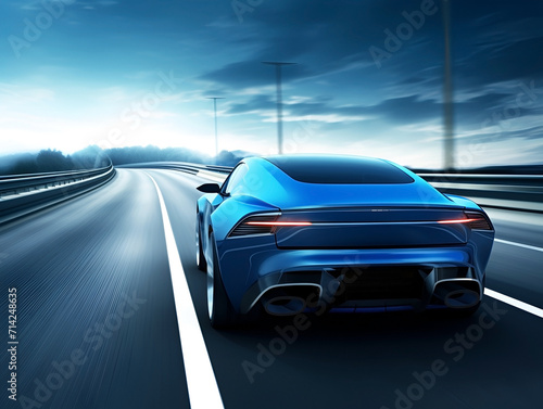 Rear view of blue Business car on high speed in turn. Blue car rushing along a high-speed highway. © Iryna