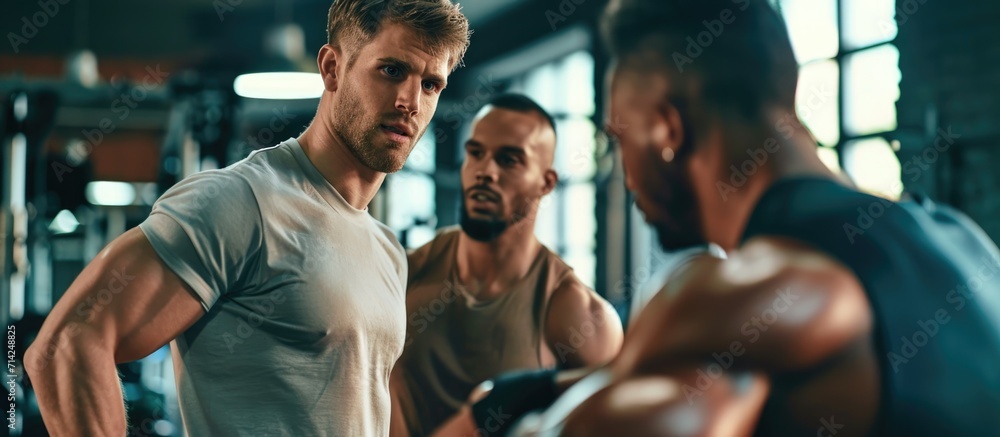 Men engaging in a friendly muscle battle at the gym, fostering bonding and camaraderie. Men engaging in a friendly muscle battle at the gym, fostering bonding and camaraderie.