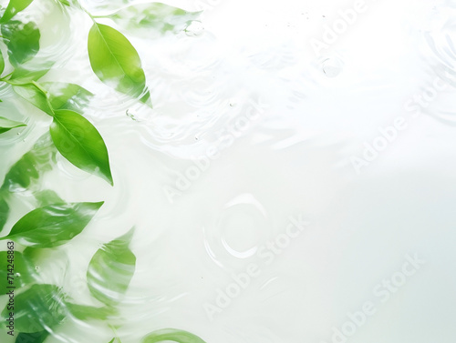 Transparent and clean white water and greenleaf background sunlight reflection, top view, copy space