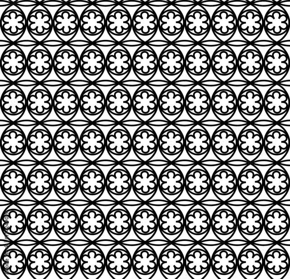 Seamless floral lattice pattern in black on a white background