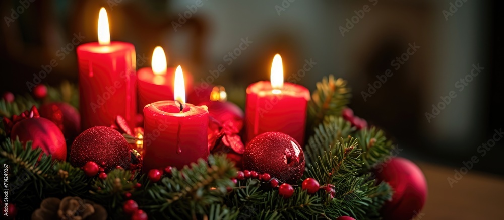 Advent wreath with red candles and decorations on the third Sunday of Advent. Advent wreath with red candles and decorations on the third Sunday of Advent.