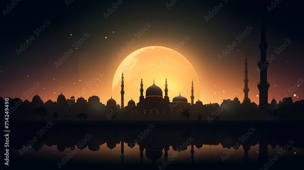 Silhouetted mosque against a sunset background.
