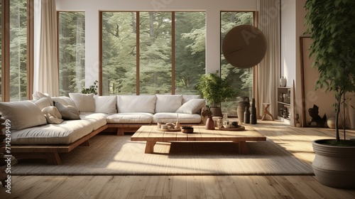 Bright and airy living room that opens up to a lush forest  with comfortable white couches and wooden  nature-inspired decor.