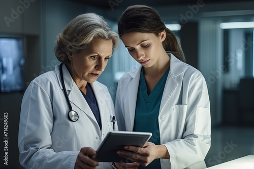 Senior female doctor and her junior colleague are focused on reviewing patient information on a tablet in a modern medical facility. photo