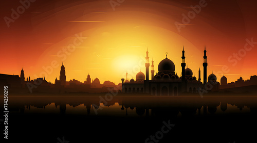 Silhouetted mosque against a sunset background.