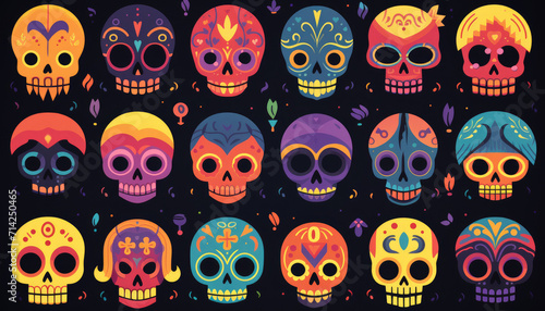 Row of colorful skulls on dark background