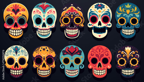 Row of colorful skulls on dark background
