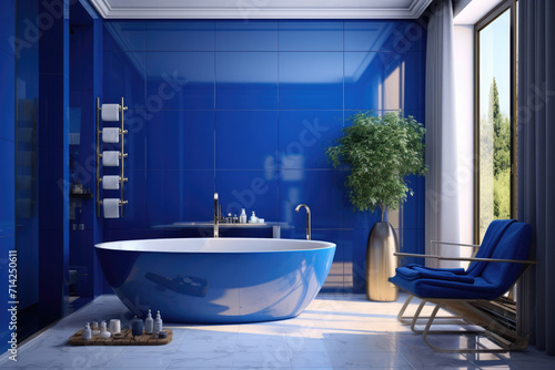 Royal blue color minimal design modern decorated bathroom interior