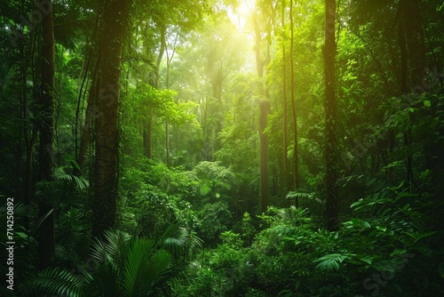 panorama banner background of tropical forest landscape scene for using in concept of environmental ecology and sustainable energy or Earth day  wild wood scenic using for wallpaper of spa and tourism