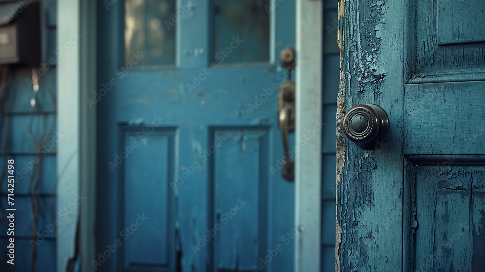 A worn blue door with a traditional doorknob. A closed blue door of little used house in mysterious feeling. Classic door handle. A worn blue door with a traditional doorknob. A closed blue door of little used house in mysterious feeling. Classic door handle.