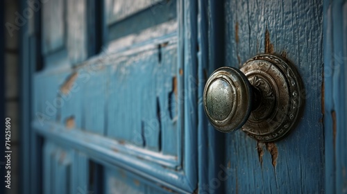 A worn blue door with a traditional doorknob. A closed blue door of little used house in mysterious feeling. Classic door handle. photo